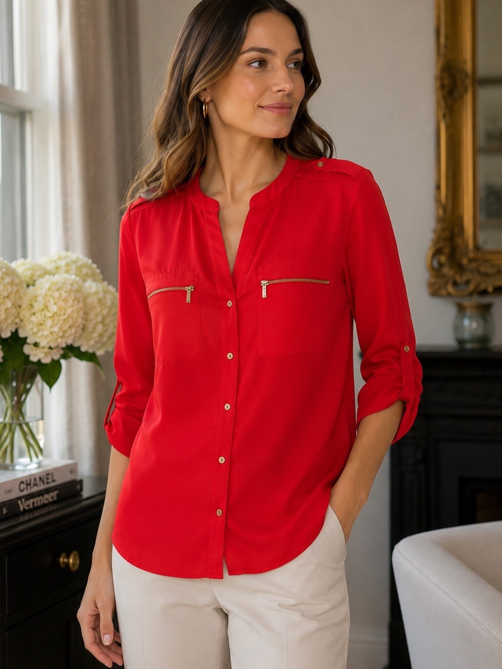 Calvin Klein Tango Red Zip Pocket Roll Tab Blouse Top Small Gold Hardware